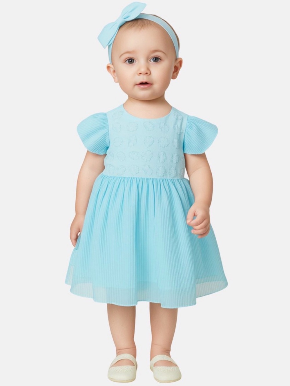 Light Blue Pleated Girl Formal Dress with Bow Headband NWT